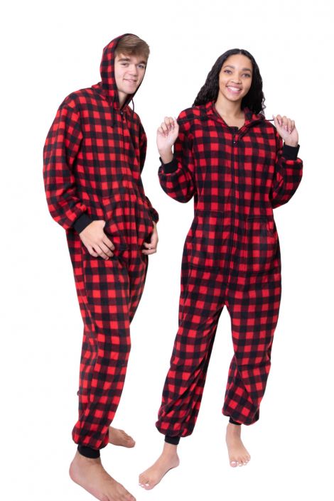 Red Black Buffalo Plaid Onesie Pajamas With Hood Footless